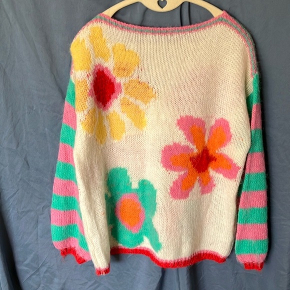 Gold & Silver: Pink & Green Crew Neck Floral Design Sweater- One size fits most - Picture 10 of 16